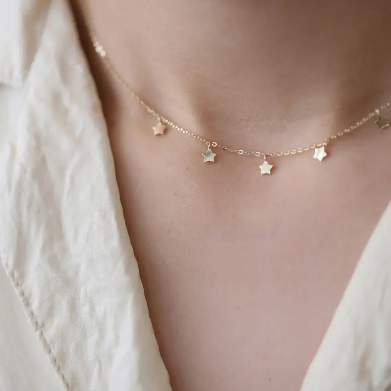 Collar de plata de ley chapado en oro de 14K, colgantes delicados de estrellas, Gargantilla delicada para mujer, cadena de clavícula estilo japonés-coreano