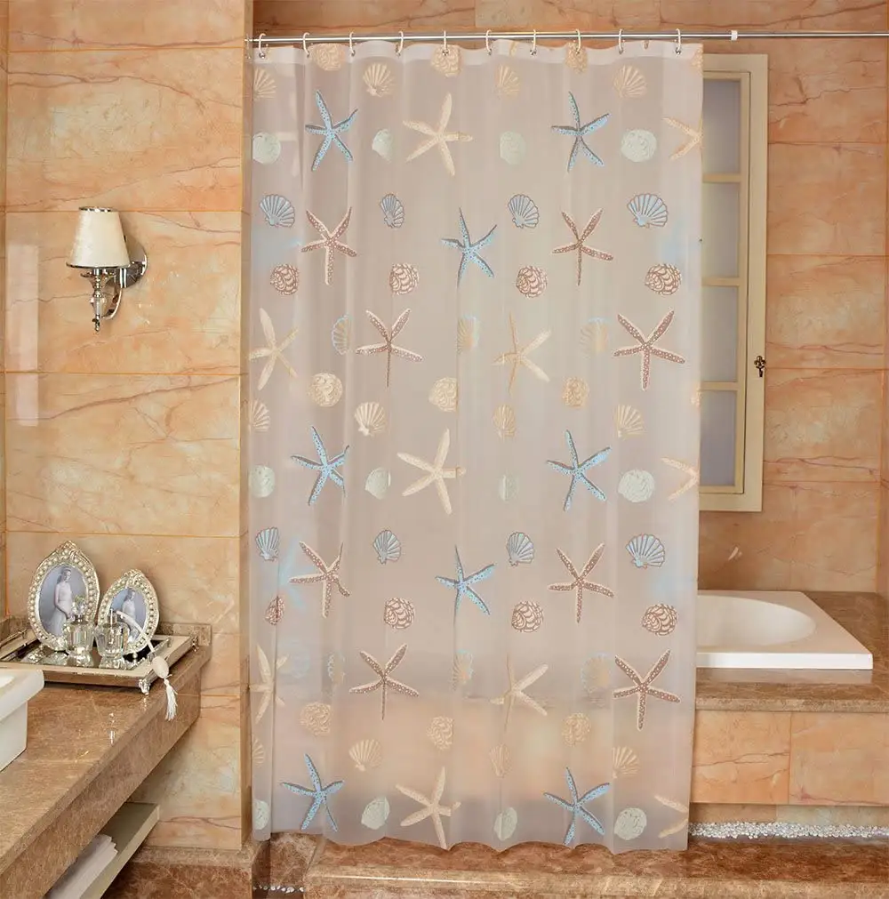 Bathroom Guesthouse Hotel High-grade Waterproof Moldproof Starfish and Shell Design Shower Curtain