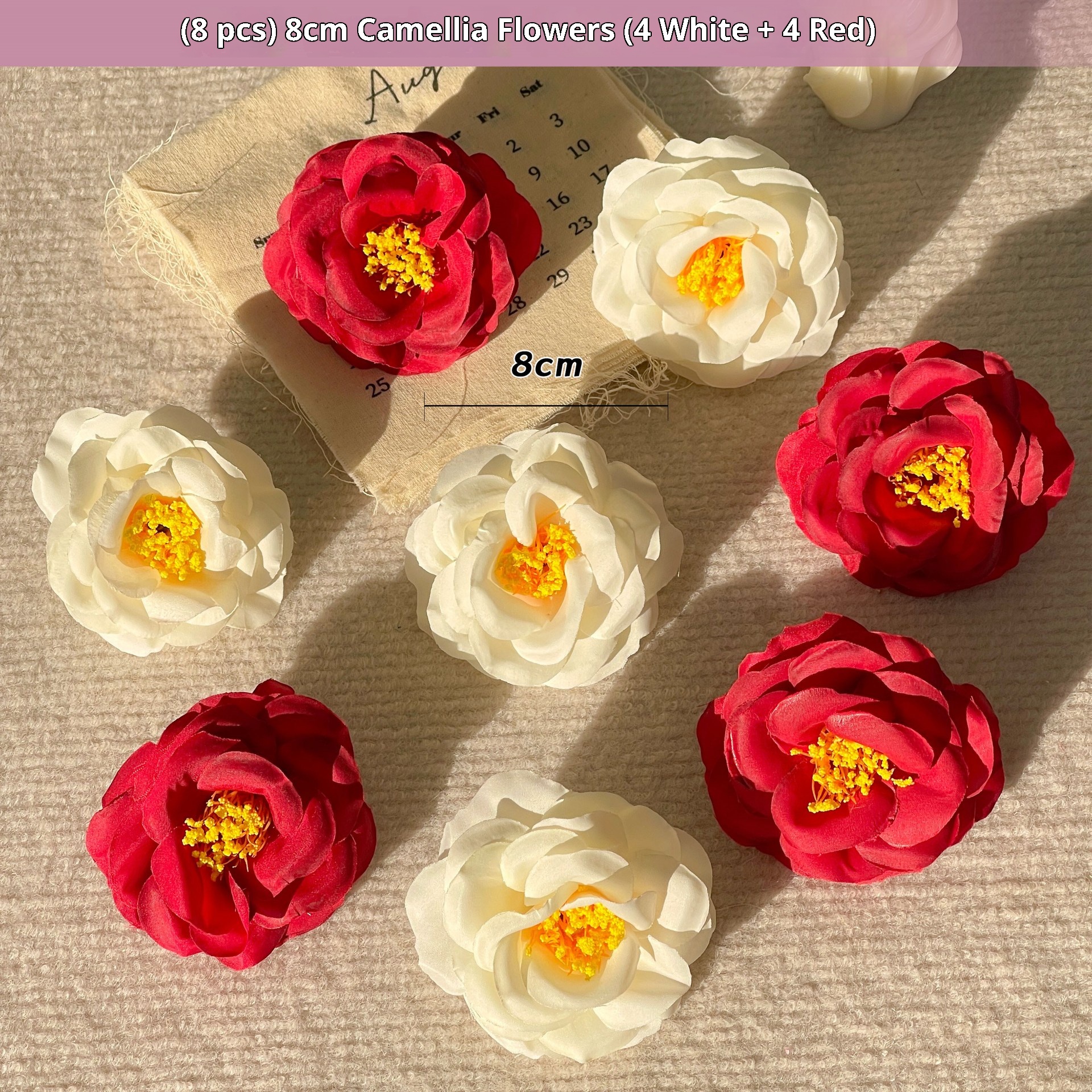 (4 blancas +4 rojas) Flores de camelia 8cm