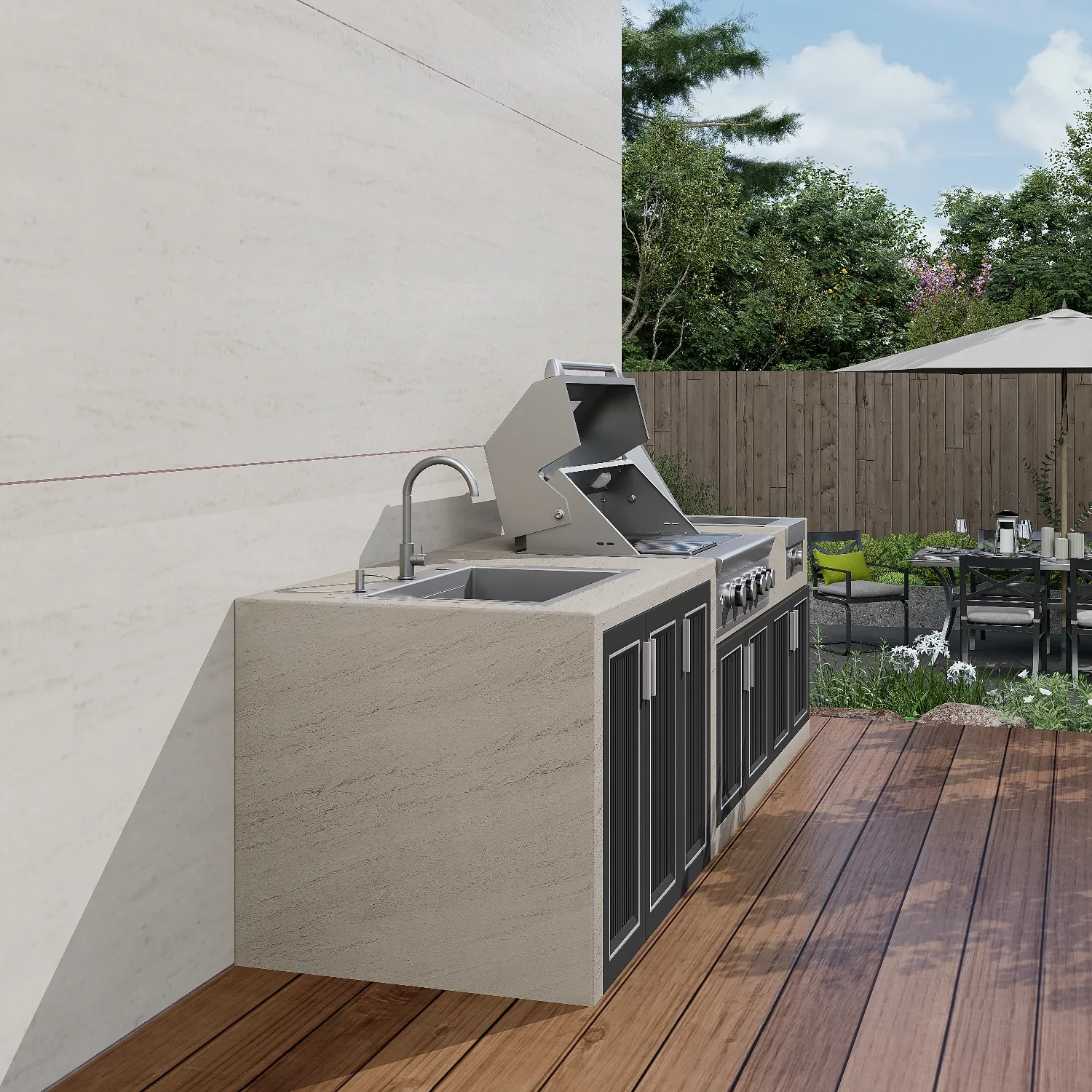 Venta directa de fábrica Gabinete de barbacoa de cocina al aire libre de mármol Isla de mesa de mármol modular elegante con fregadero para cocinar al aire libre