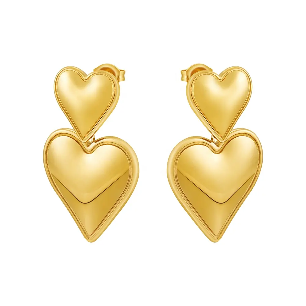 Últimas 18K chapado en oro de acero inoxidable joyería doble amor en forma de corazón pendientes de gota únicos para mujeres regalos pendientes E231465