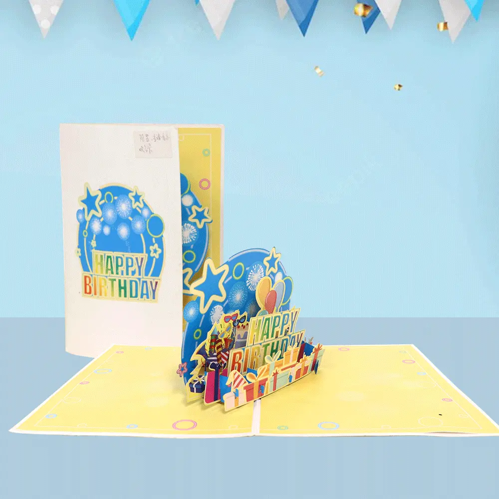 O cartão da música do feliz aniversário/3D estala acima o cartão do presente com música conduzida