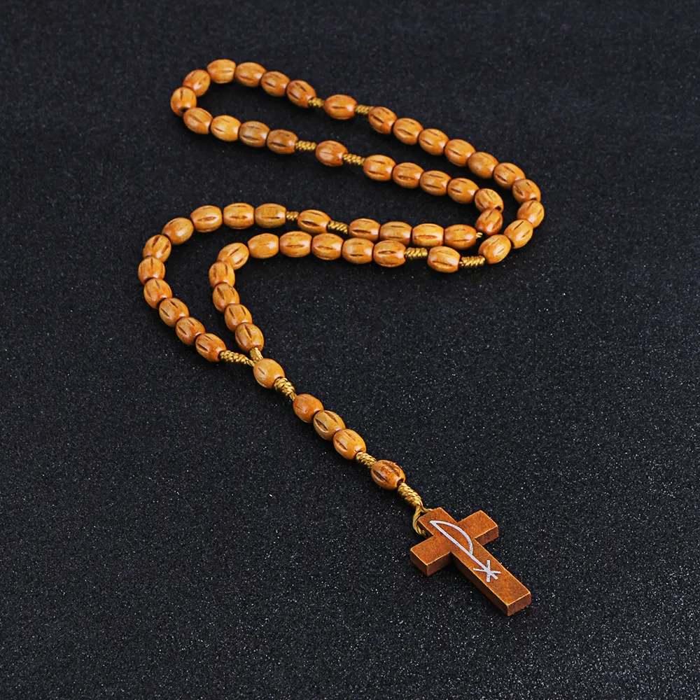 Komi-collar largo con colgante de Cruz para mujer y hombre, cuentas de madera para Rosario religioso de Jesús, R-002