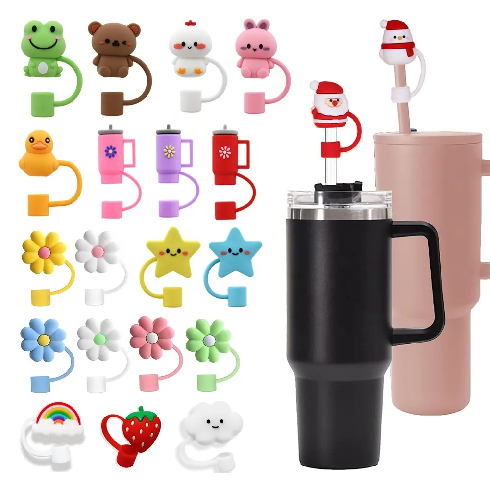 10mm Silicone Beber Caráter Dicas De Palha De Natal Cobre Encantos Cap Topper De Palha Em Massa para Stanley Tumbler Cup Atacado