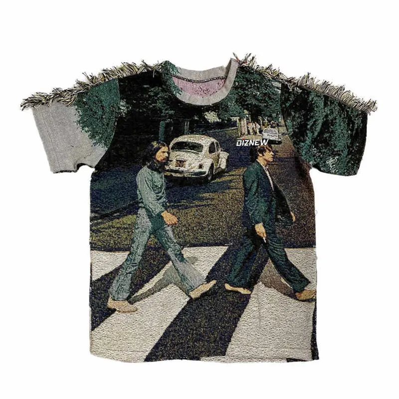DiZNEW ropa de marca de alta calidad 100 algodón jacquard tapiz grueso camiseta unisex vintage do Old flecos diseño hombres camiseta