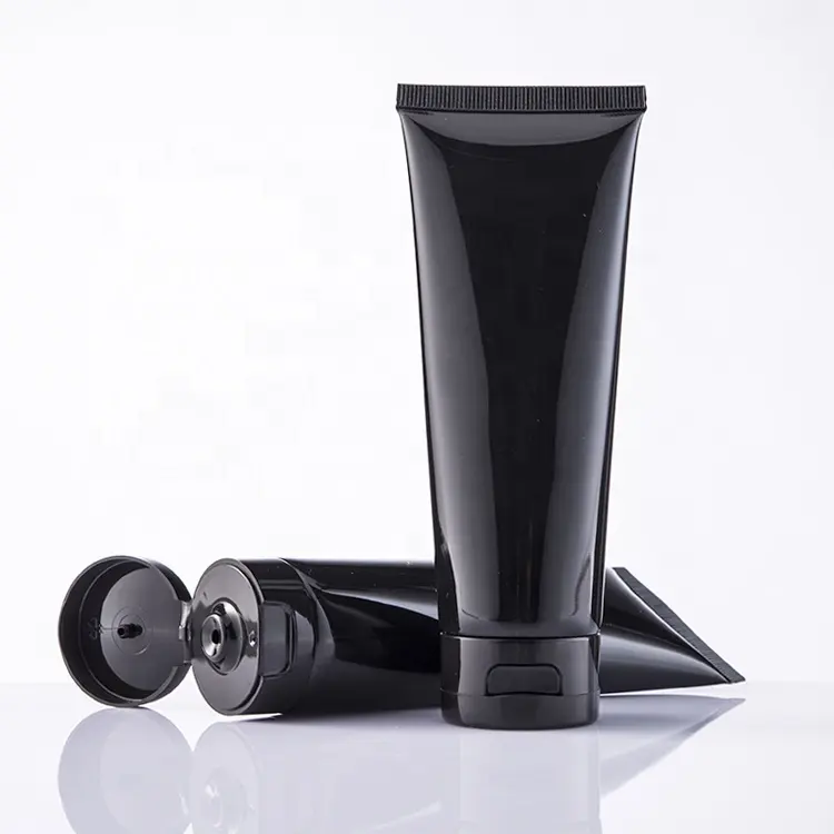 Tubo exprimidor de loción de plástico negro brillante de 200ml al por mayor, embalaje cosmético, etiquetado gratuito, tapa abatible, tubos de crema para ojos brillantes