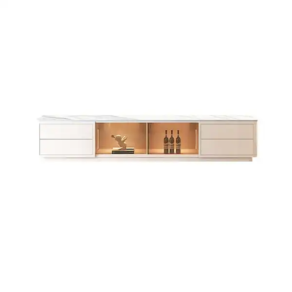 Supporto per TV rettangolare in legno bianco con decorazione con armadietto per porte in vetro a 4 cassetti