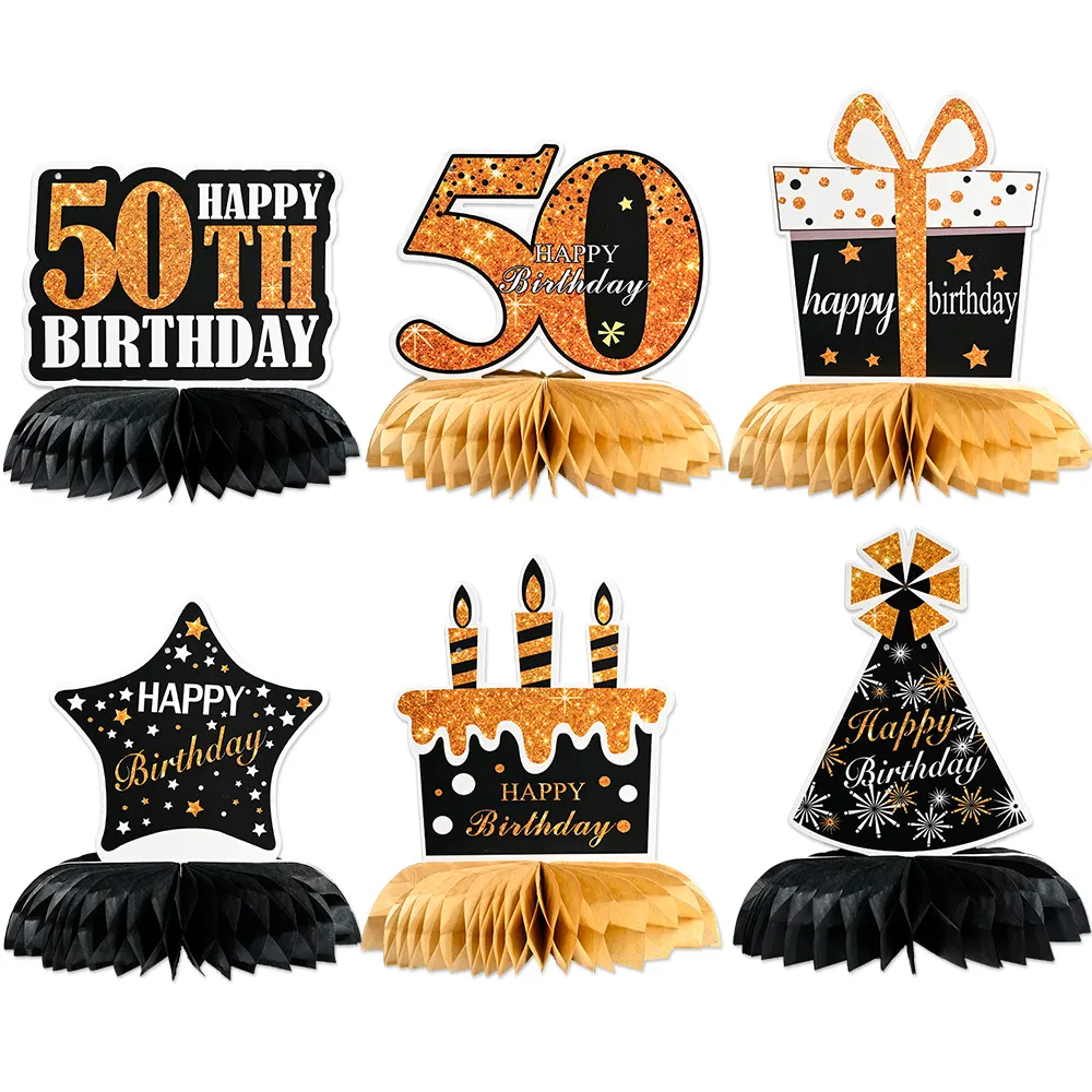 6 Pieces 50th Birthday Back Gold Honeycomb Centerpiece Decorações para Homens Mulheres Feliz 50 Years Old Birthday Party Table decor