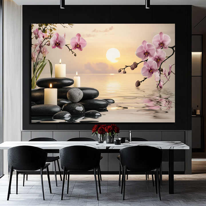 1pc Canvas Print Framed Relaxing Spa Decor: Sunset, Orchids & Zen Stones Print Decor Artwork Print Artwork for Home Shop Decor