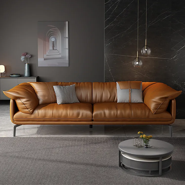 Set Sofa 2 Tempat Duduk Salon Nordic, Desain Modern Furnitur Mewah Kulit Coklat
