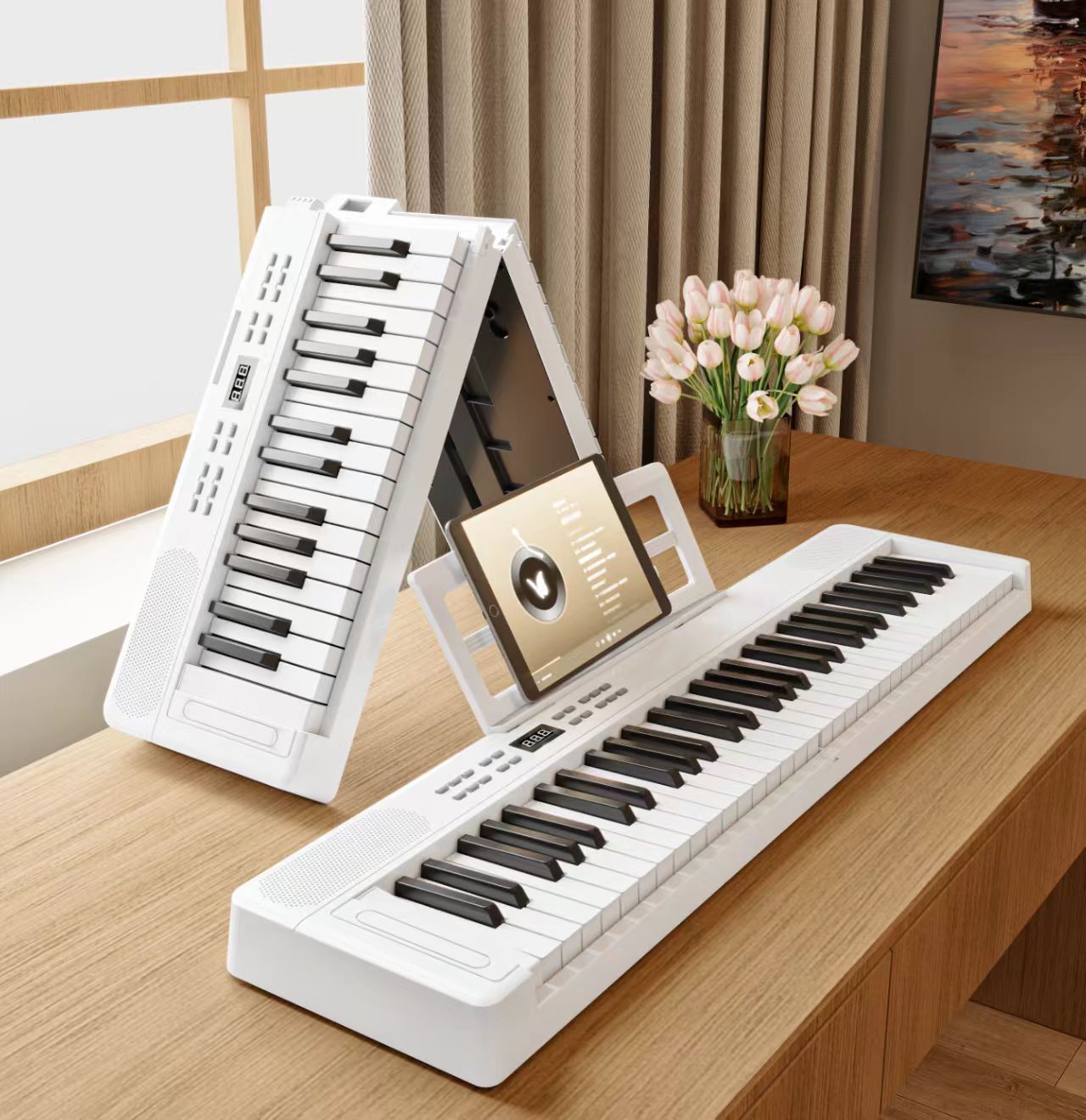 white-61 key folding piano-basic bluetooth lights-three optional