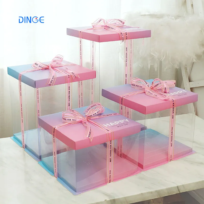 Di plastica da sposa su misura scatole di torta del commercio all'ingrosso trasparente alto chiaro scatole di torta con finestra maniglia coperchio scatole per torte