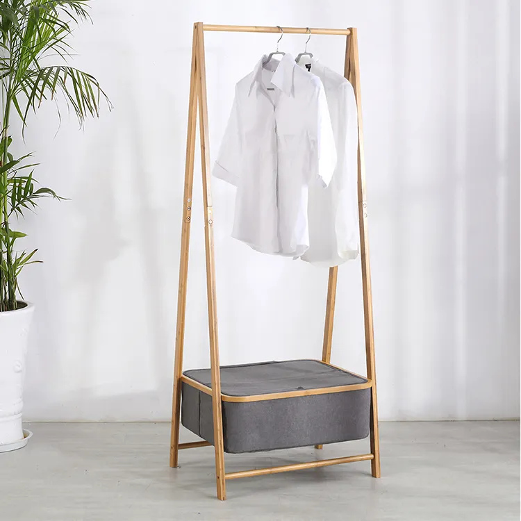 New design entryway hall cloakroom furniture folding standing organizer bamboo clothes coat hanger rack with fabric storage box