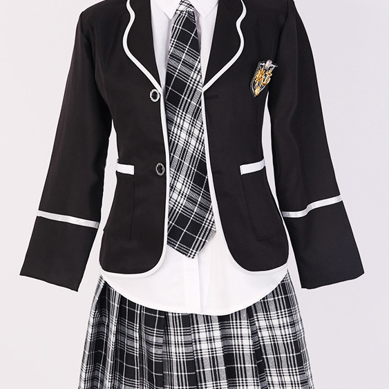 Haut noir + chemise et cravate + jupe à carreaux grise