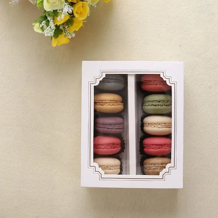 Boîte biodégradable écologique Macaron oeuf tarte Dessert Kraft Carton blanc Transparent coulissant boîte à macarons ouverte