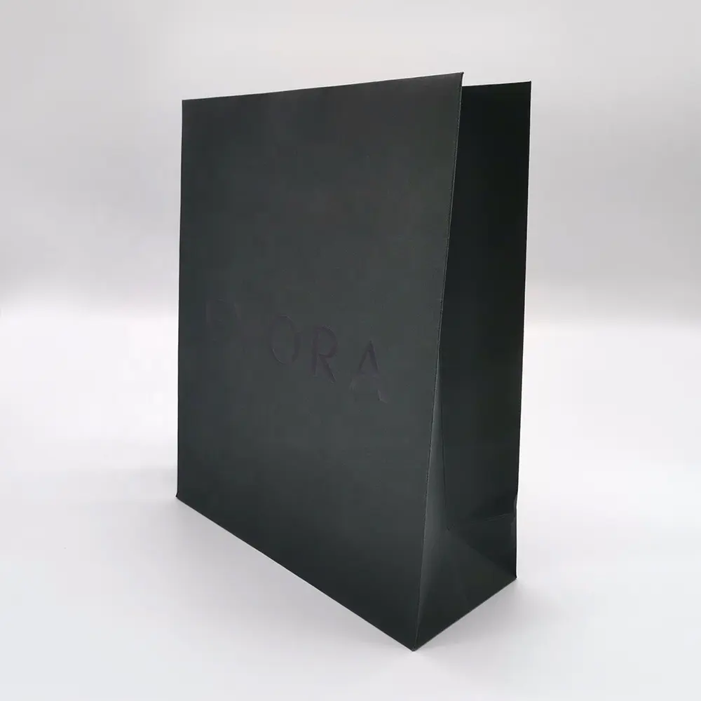 Bolsas de papel de fondo plano reciclable, diseño superior abierto, personalizado, plegable, acabado negro Kraft, sin mango
