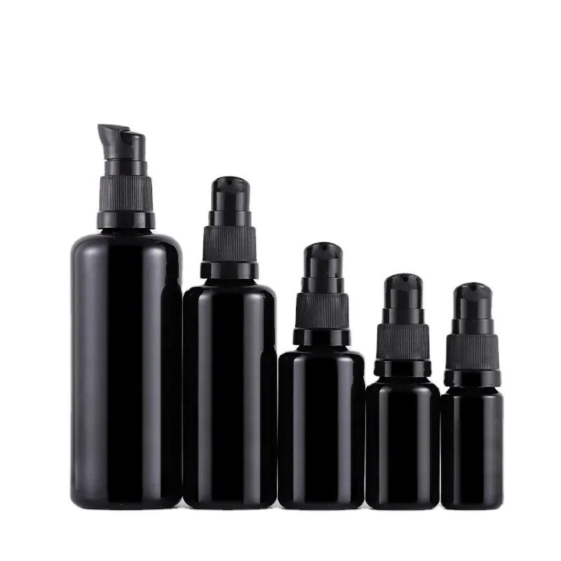 Botella de aceite cosmético de cristal, para loción corporal, aceite de cabello, uv oscuro, negra, de alta calidad