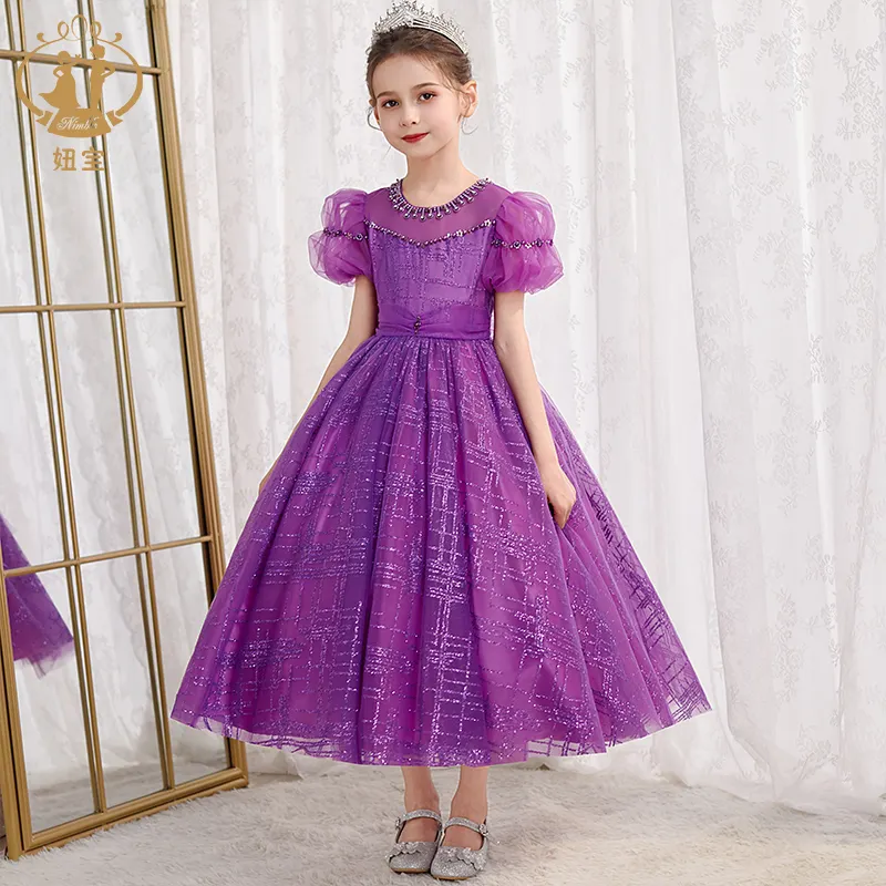 Nimble Summer Purple Tulle Flower Girls Wedding Long Dresses Toddler Kids Pageant Party Gown Children Birthday Evening Clothing