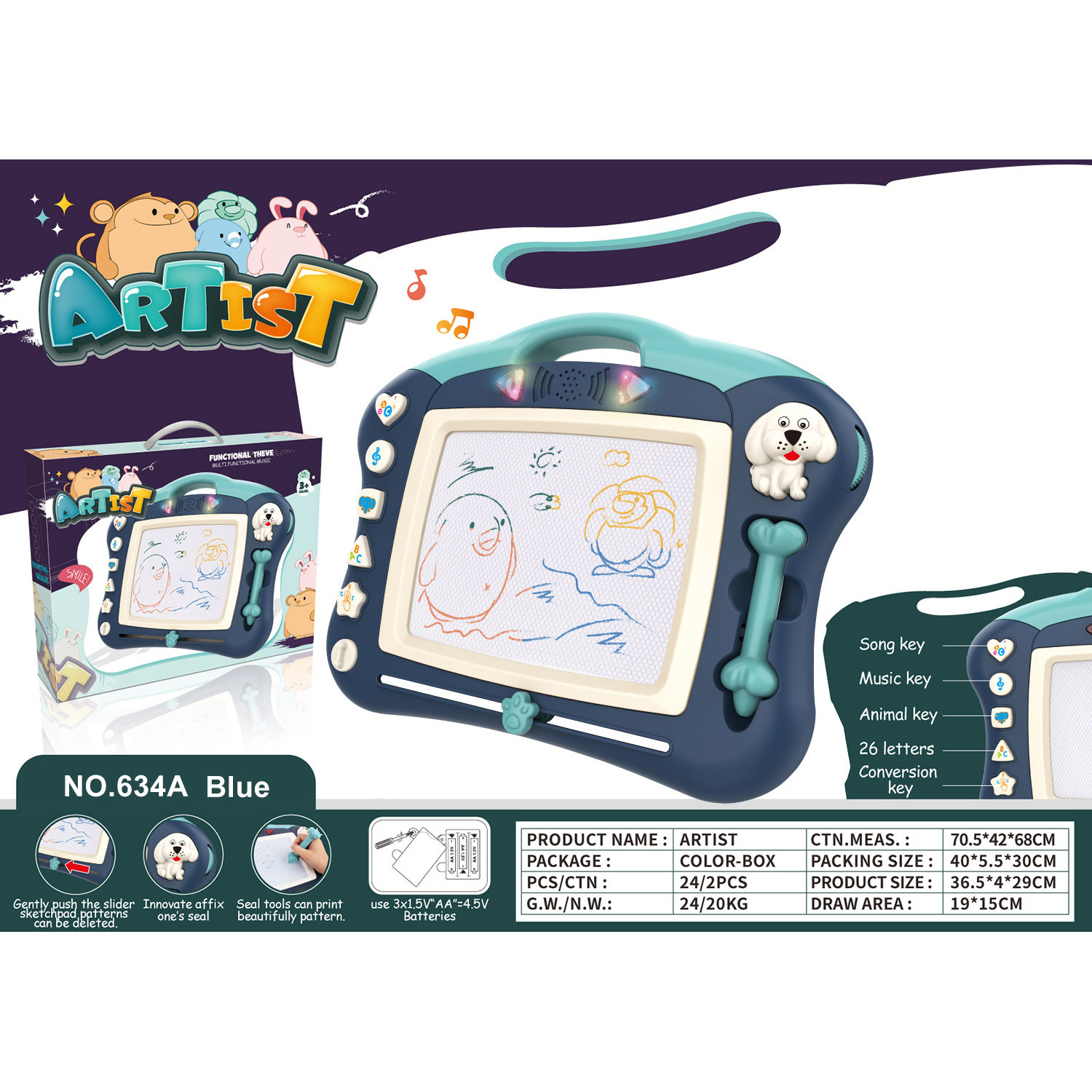 Royal Blue Magnetic Drawing Board with English Color Box