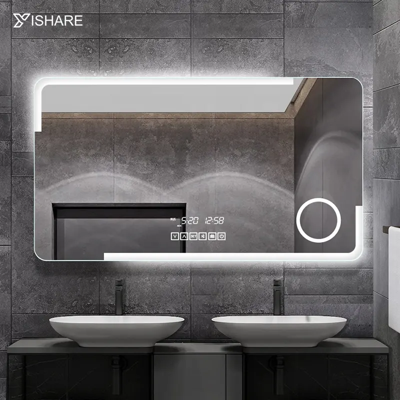 Yishare espelho de parede com design irregular, espelho de parede para casa de hotel, iluminado, espelho inteligente de led