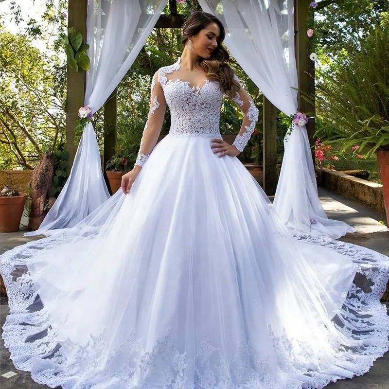 Hot Selling Sheer White Long Sleeve Lace Wedding Dress Bridal Gown