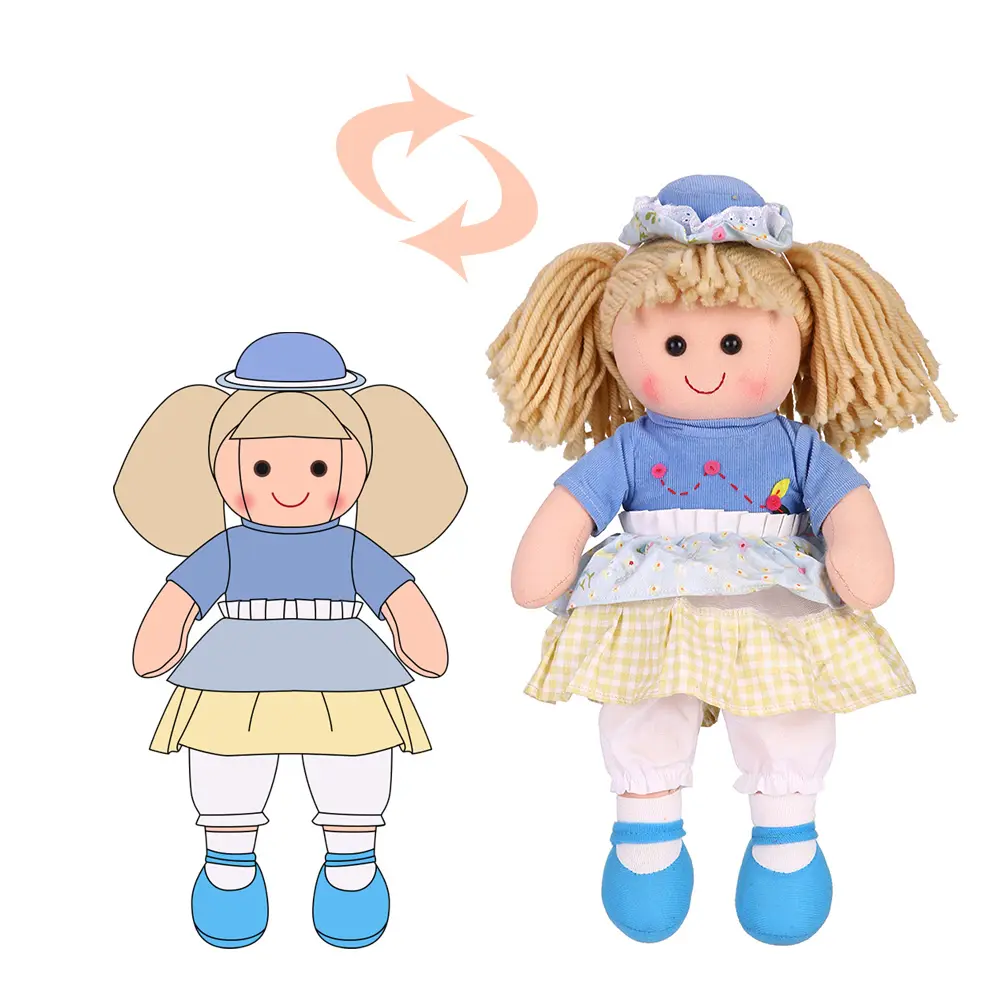 Bambola di pezza per bebè carina con vestiti bambola di peluche di pezza tessuto di cotone all'ingrosso bambola di pezza per ragazze vestite su misura