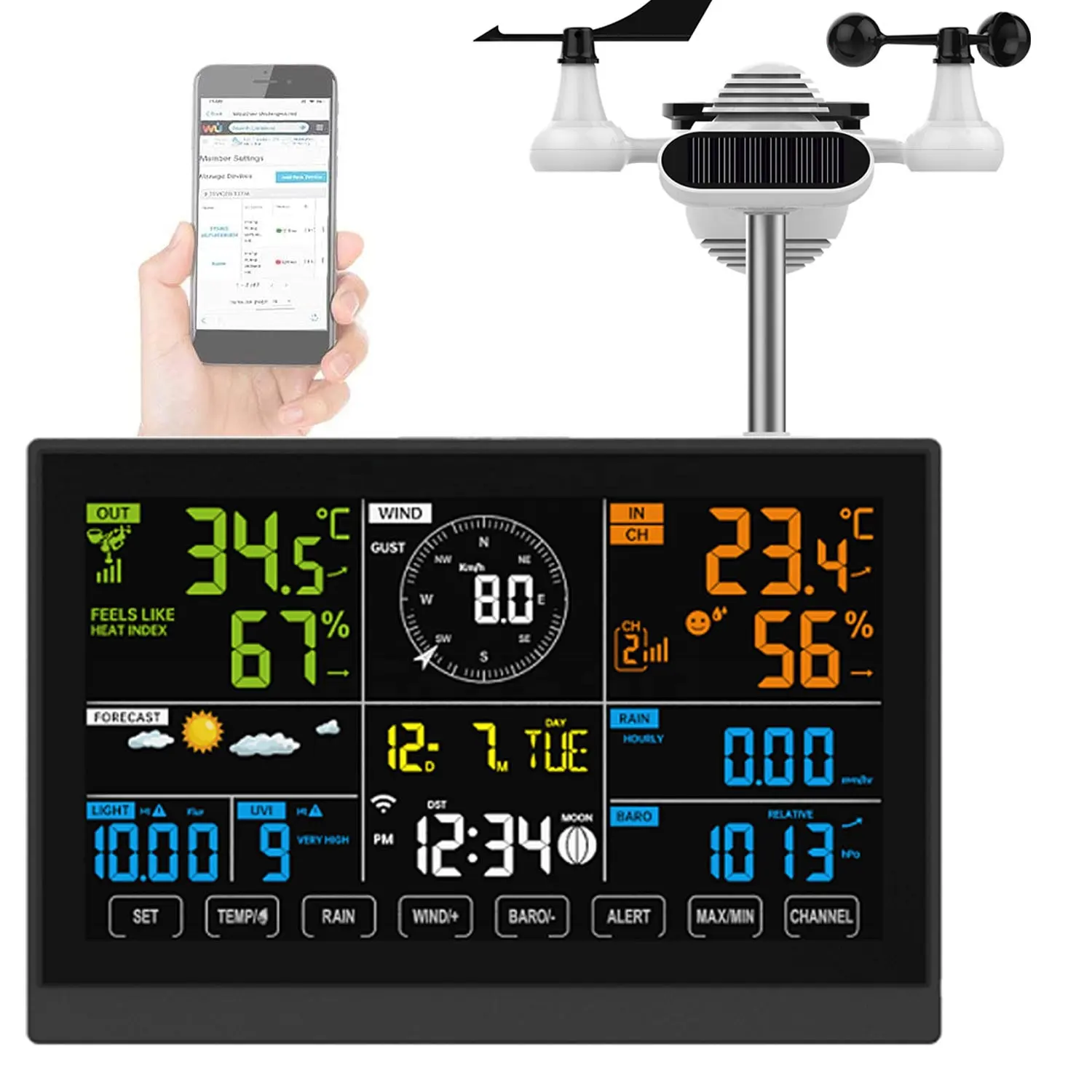 2024 neue drahtlose WLAN-Wetterstation 10,2 Zoll Wind-/Regenmesser/UV-Index Solarpanel 7 in 1 professionelle Wetterstation