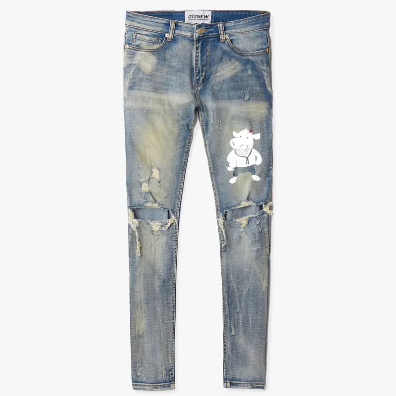 DiZNEW OEM Slim Fit Dirty Jeans Ripped Holes Fashion Denim Pants for Men