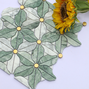 Gạch khảm đá cẩm thạch cắt bằng tia nước, gạch khảm hoa hướng dương bằng thép không gỉ, gạch khảm đá màu xanh lá cây kim loại vàng - Product Image 2