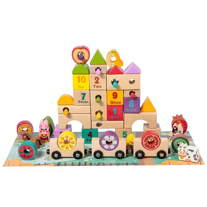 Children Wooden Shape Cognition Puzzle Early Learning Magnetic Train Toy Cartoon Animal Fruit Assembled Farm Building Blocks