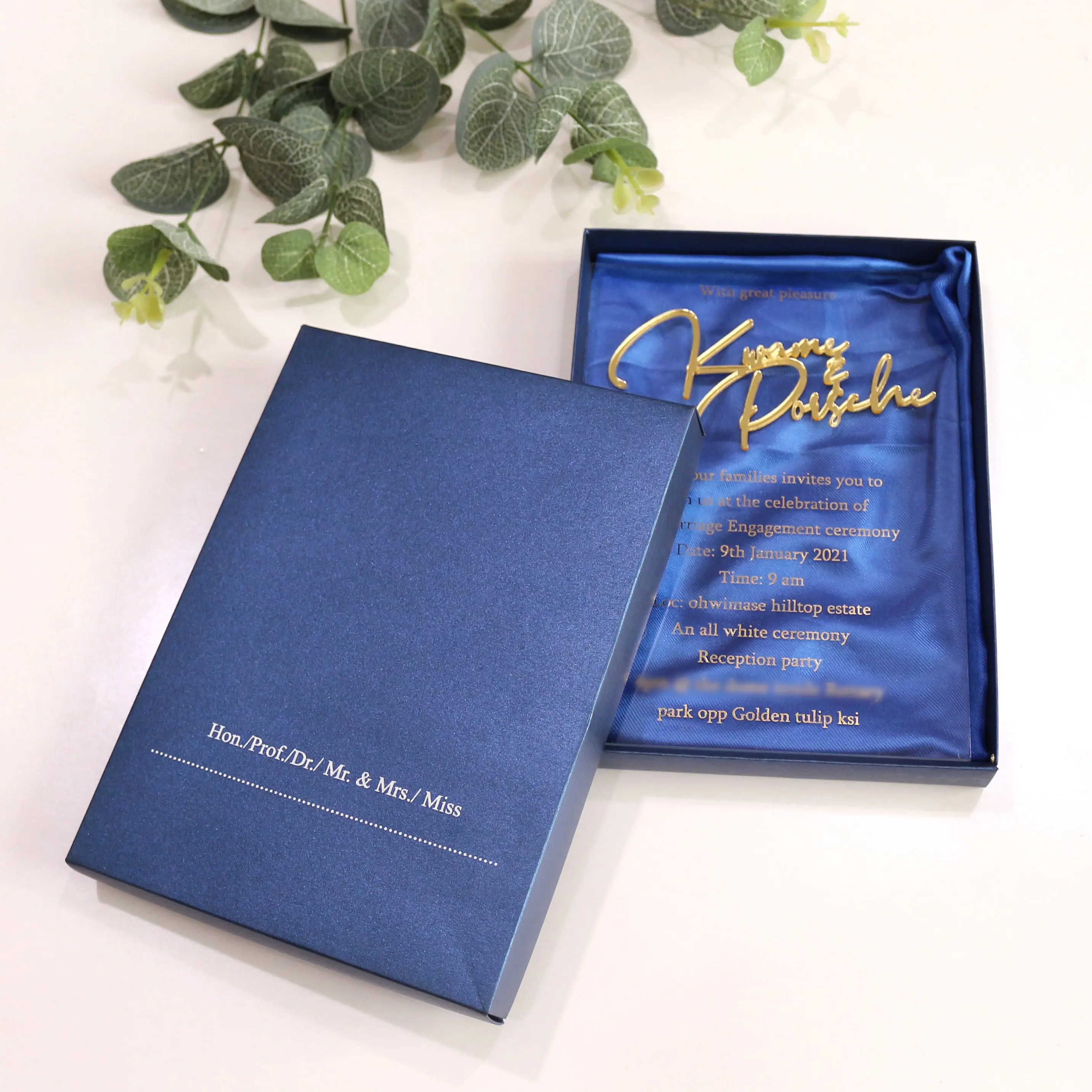 Faire-part ou Invitations de mariage en acrylique bleu marine, carton d'invitation transparente effet 3D, acrylique doré et bleu marine