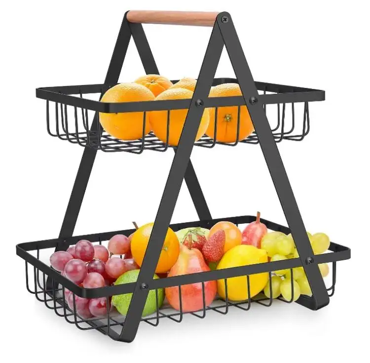 Alambre de hierro de Metal plano Rectangular, cesta de 2 niveles para encimera de frutas y verduras, venta al por mayor