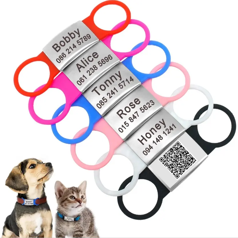 Cão tag identificação tag pet silicone id tag Gravado aço inoxidável etiqueta gravada com código QR identificação placa