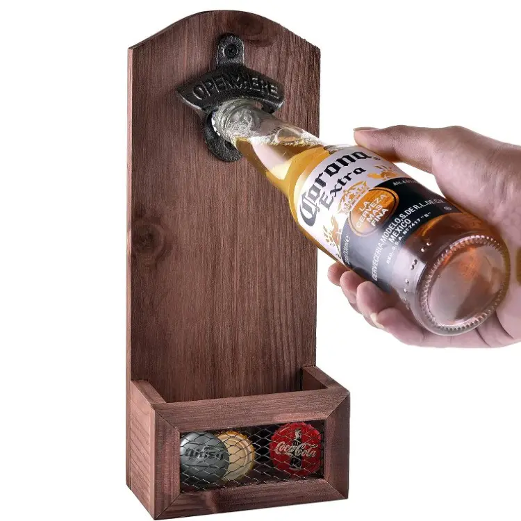 Abrebotellas de madera con función única con colector de tapa Abrebotellas de cerveza montado en la pared de madera vintage