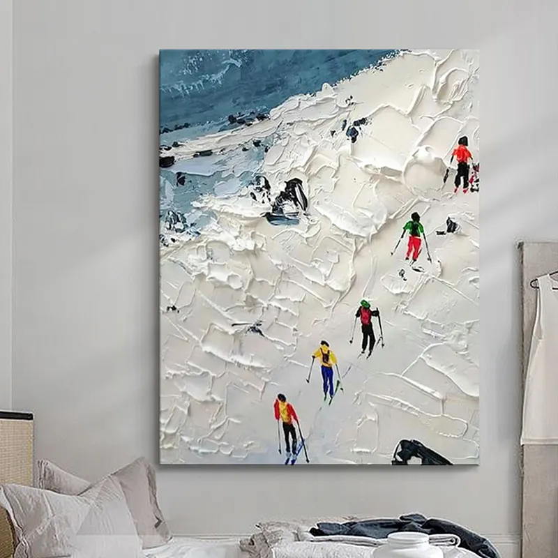 Odern-pintura minimalista para decoración de sala de estar, pintura al óleo sobre lienzo con textura pintada a mano, paisaje abstracto de esquí para decoración del hogar