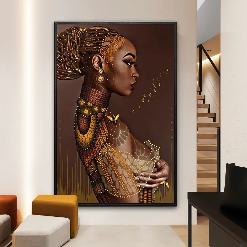 Arte de parede em tela africana com mulher, pintura a óleo em tela para decoração de quarto, quadro grande, pintura de parede