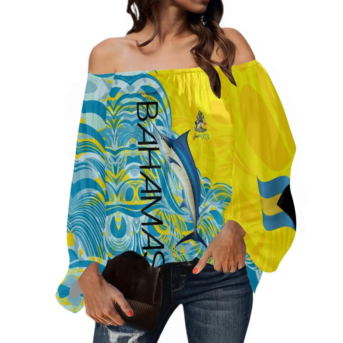 Camisas femininas de chiffon com desenhos de bandeira das Bahamas, blusa plus size personalizada de um ombro estampada sob demanda, camisas estampadas das Bahamas