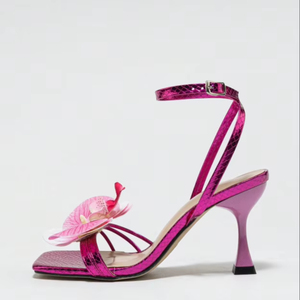 美国女士华丽粉色高跟凉鞋方头立体花朵十字踝带时尚高跟鞋 - Product Image 1