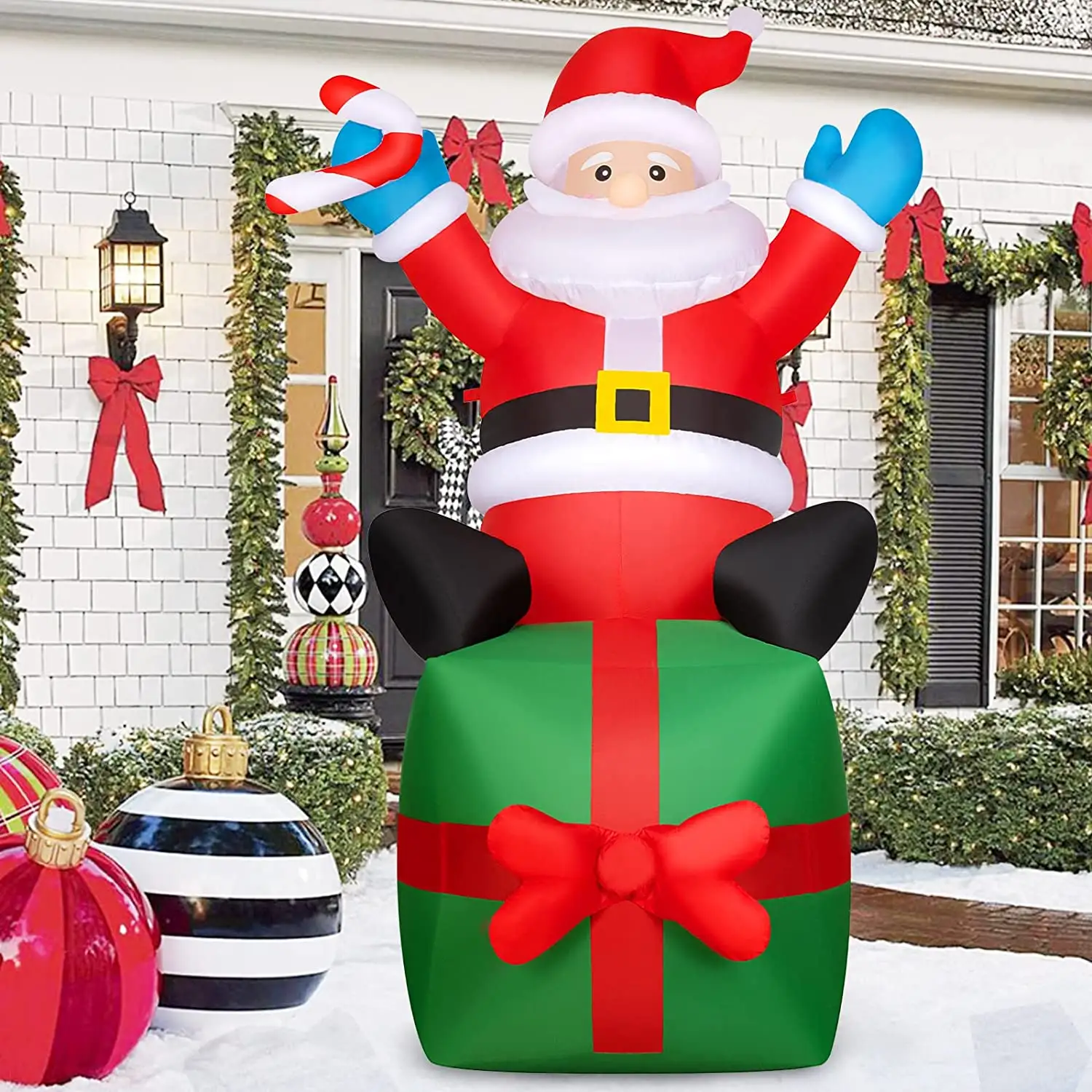 8ฟุตคริสต์มาส Inflatables ซานตาคลอสยักษ์สว่างภายในตกแต่งคริสต์มาสพองด้วยสร้างขึ้นในพัดลมและสมอ Rop