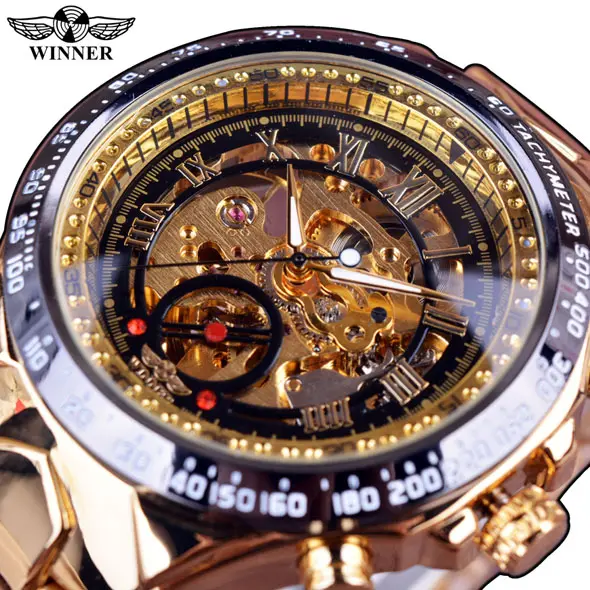 WINNER Gold Clock Armbanduhren Skeleton Display Mechanische Automatik Schwarz Retro Fashion Herren uhren