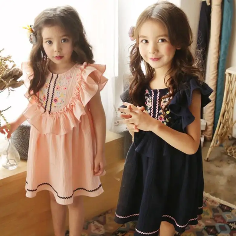 Vestido coreano para niña, con volantes y cuello de hoja de loto, ropa sencilla de algodón para niña de 2 a 7 años