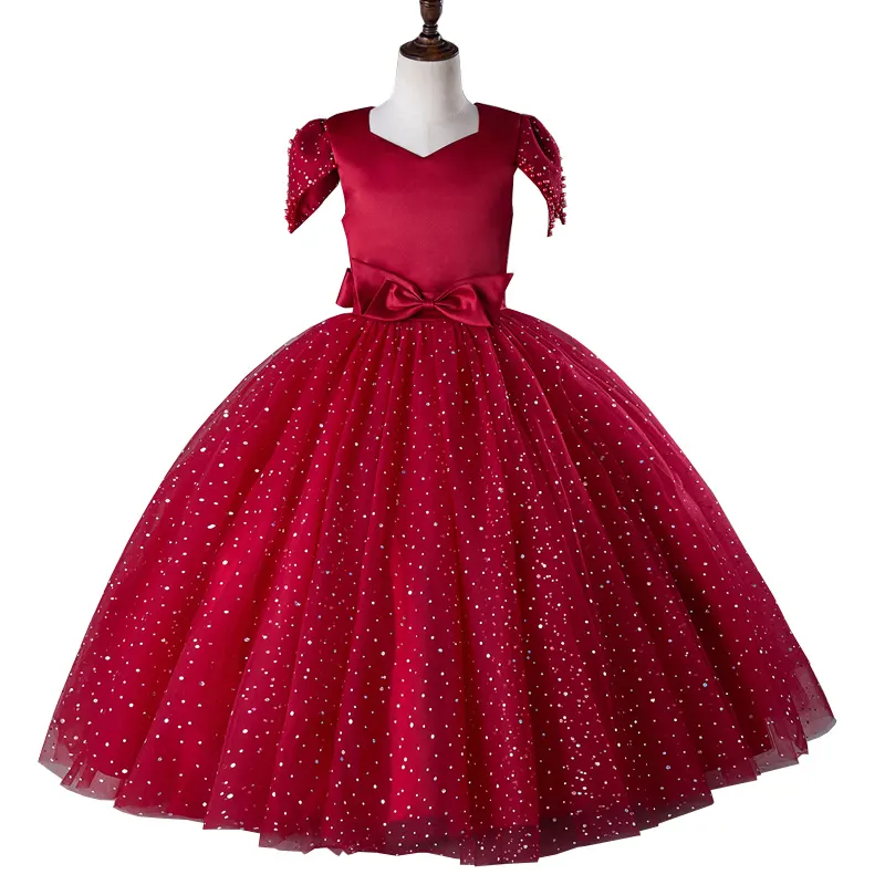 M102 Kid Ceremonial Princess Costume Summer Short Sleeve Evening Dresses For Wedding Party Gown 3-14 Years Old Girls Long Dress