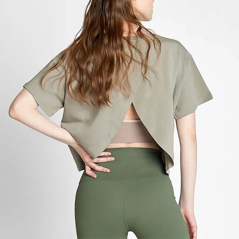 Elegante camiseta recortada verde oliva con elegante diseño de espalda abierta Casual Streetwear