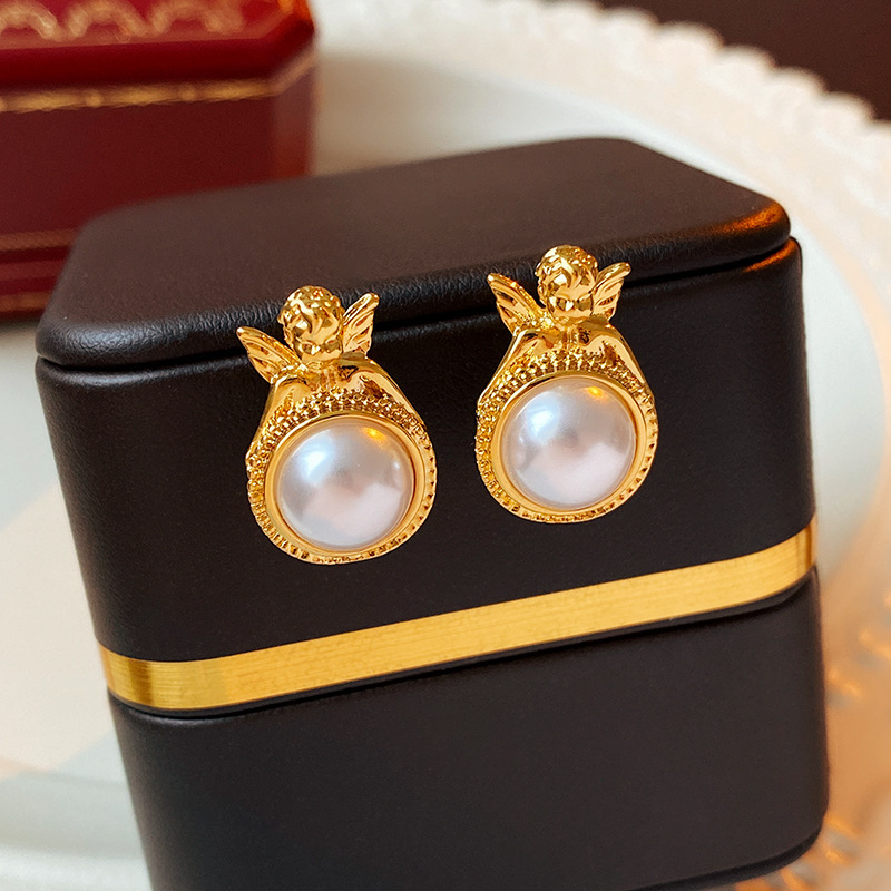 4 # Argent aiguille médiévale ange perle boucles d'oreilles