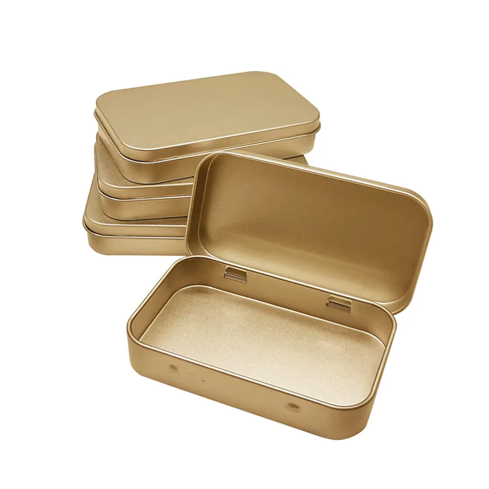 Caja de hojalata personalizada, caja de metal de grado alimenticio, rectángulo dorado, artefacto para dulces, regalo