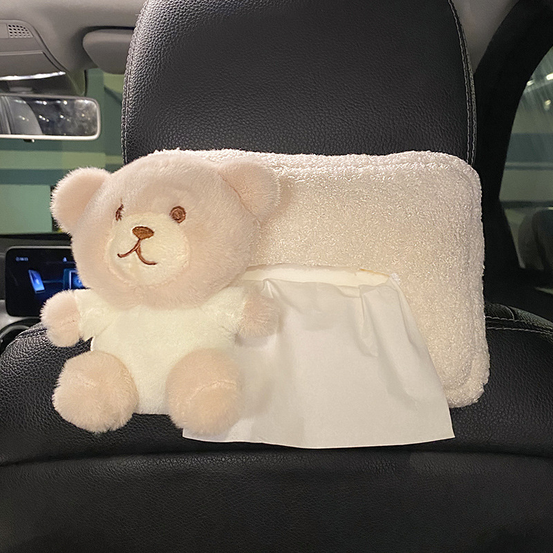 Caja de pañuelos de cachemira blanca con oso pardo