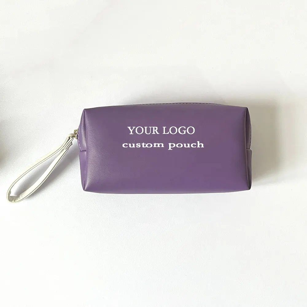 Tas rias wajah logo kustom tas pensil ungu kulit portabel perjalanan iklan perlengkapan mandi tas kantong kosmetik kecantikan