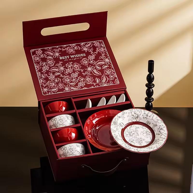 Rouge-4 bols 4 cuillères 2 assiettes avec coffret cadeau