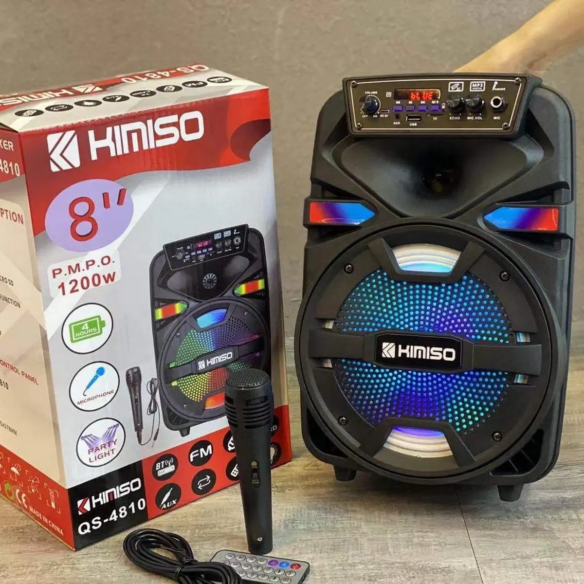 Alto-falante kimiso multifunção, QS-4810 8 polegadas, sistema de som, luzes coloridas, com rádio fm