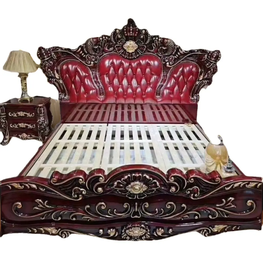 Juego de dormitorio tamaño King de cuero italiano clásico europeo de lujo, plataforma tallada en madera de teca, muebles tapizados para la habitación del hogar